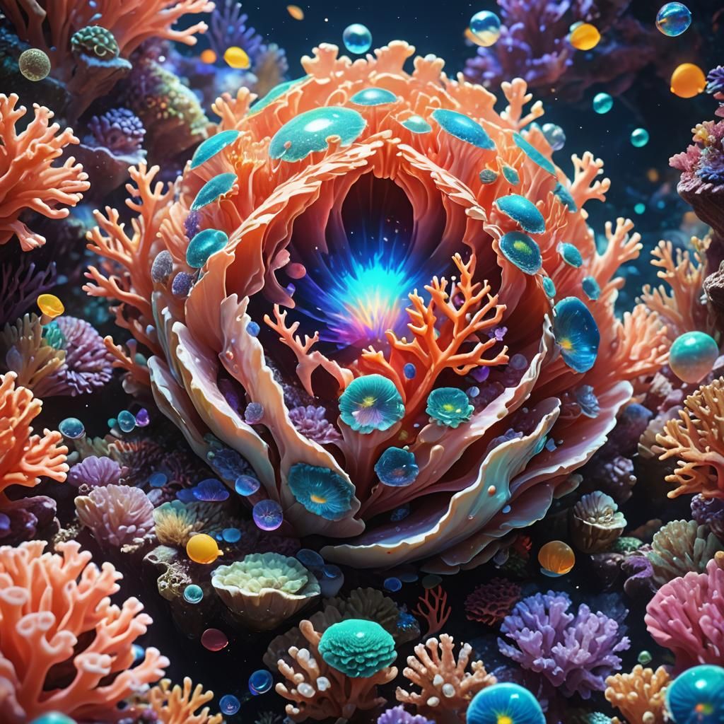 Glowing Coral Reef in Iridescent Shell, 3D Anime Art