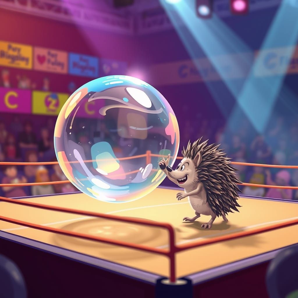 Soap Bubble Wrestles Spiky Hedgehog in Cartoon Arena