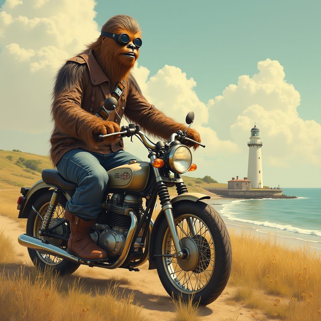 Wookiee Rider on Vintage Motorcycle in Sun-Kissed Isle of Wi...