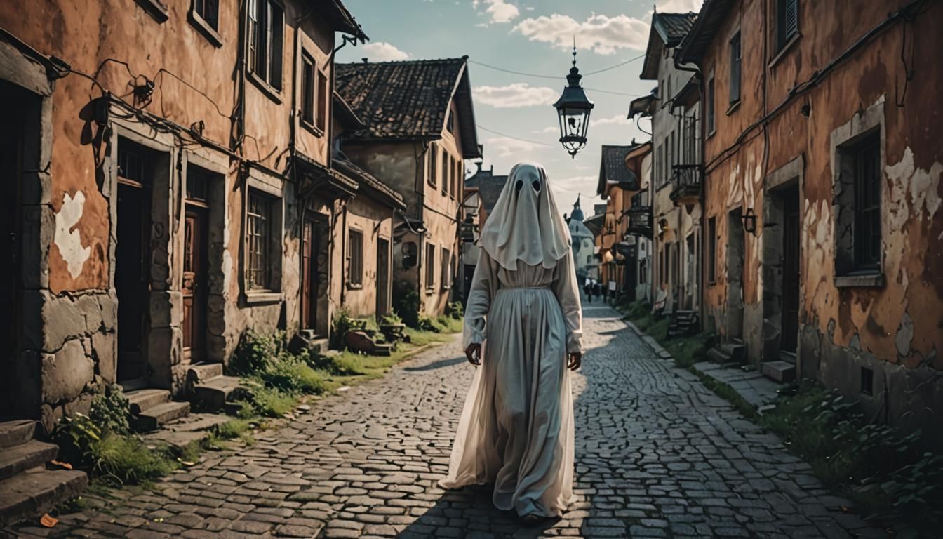 Ghostly Figure in Bustling Town: Realistic 35mm Photo