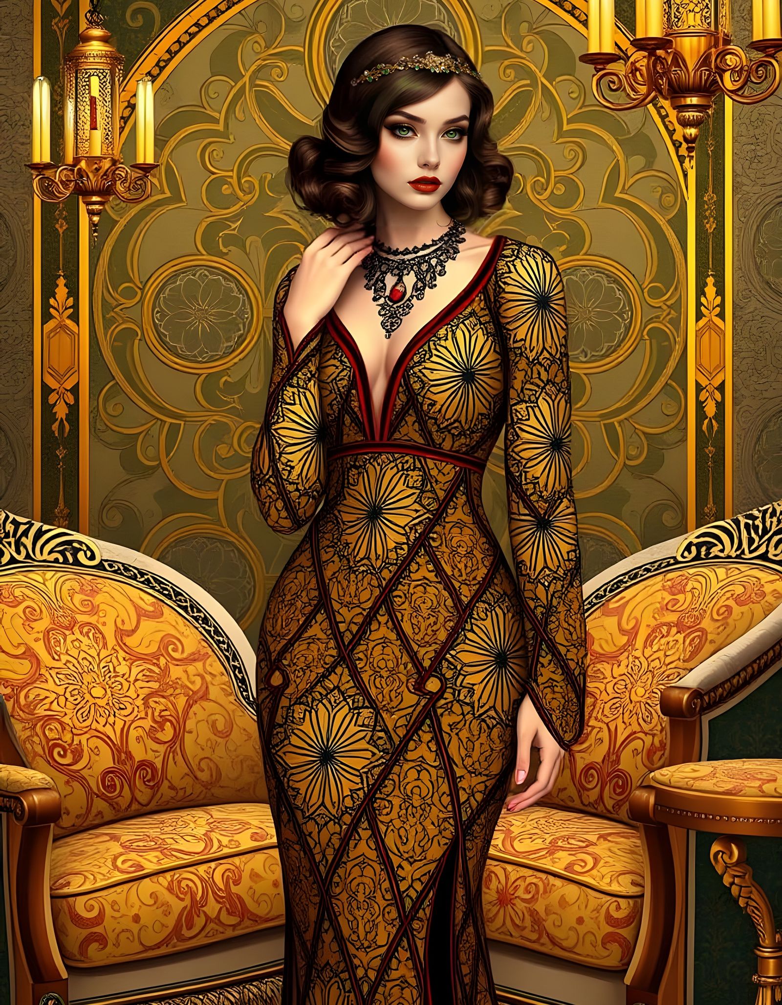 Charming Art Deco Woman, Klimt Inspired