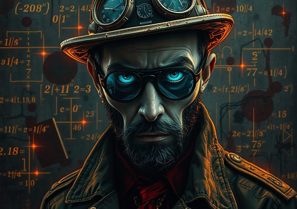 Steampunk Detective Portrait with Glowing Equations