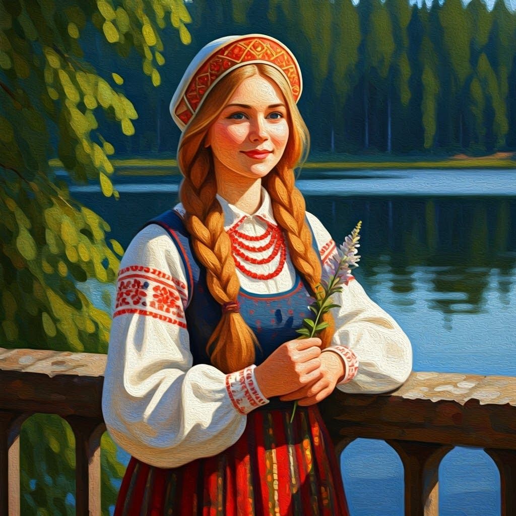 Young Lithuanian Woman in Folk Art Oil Painting