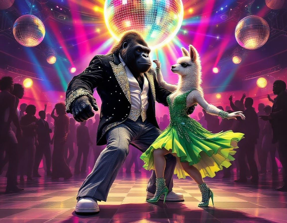 Gorilla and Alpaca Disco Dancers in Vibrant 1970s Setting