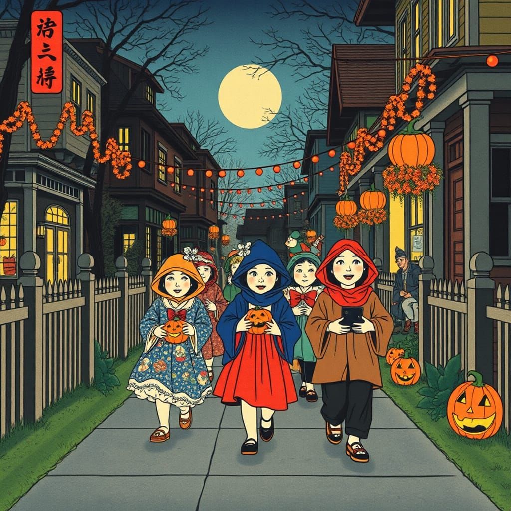 Colorful Trick-or-Treaters in Ukiyo-e Style
