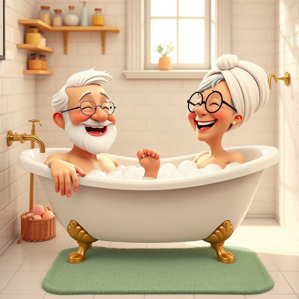 Elderly Couple's Joyful Bubble Bath in 3D Cartoon Style