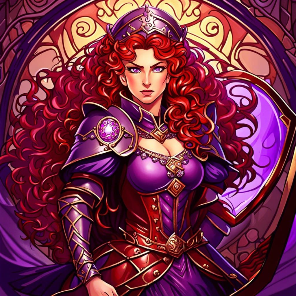 Anime Shield Maiden with Red Hair and Purple Eyes