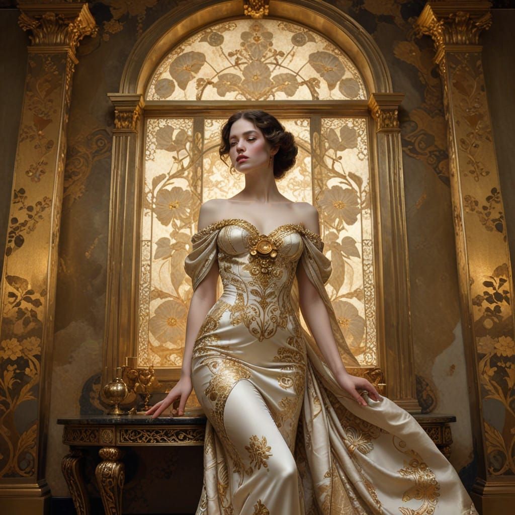 Elegant Woman in Opulent Baroque Setting with Art Nouveau Un...