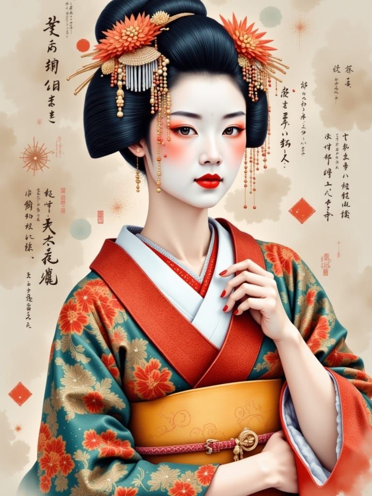 Maiko Geisha in vibrant kimono on <lora:Parchment:1.0>