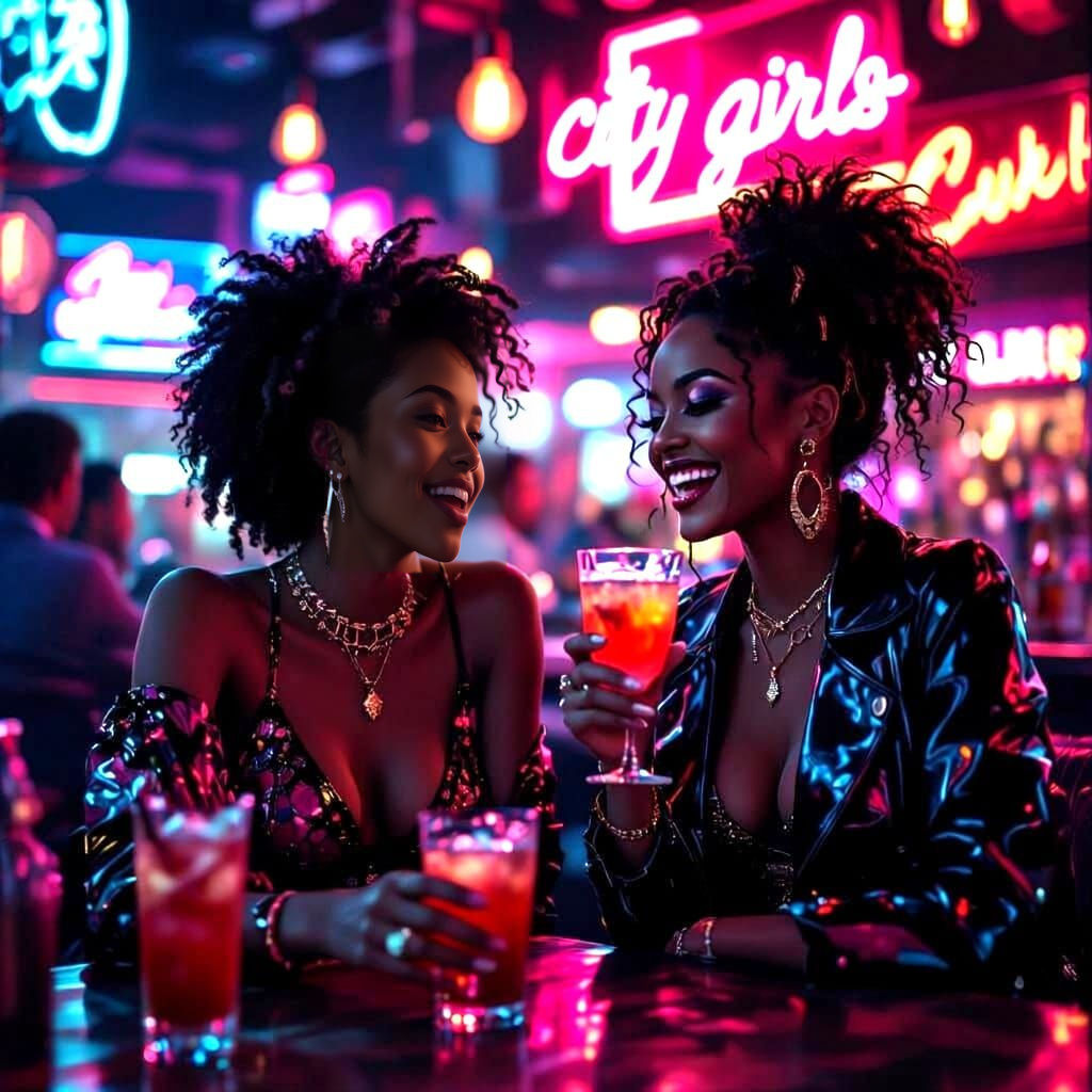 City Girls Enjoying Cocktails in Neon Bar