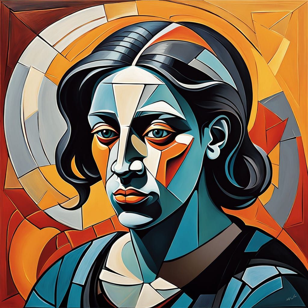 Vibrant Neo-Cubist Painting with Swirling Shapes and Bold Ge...