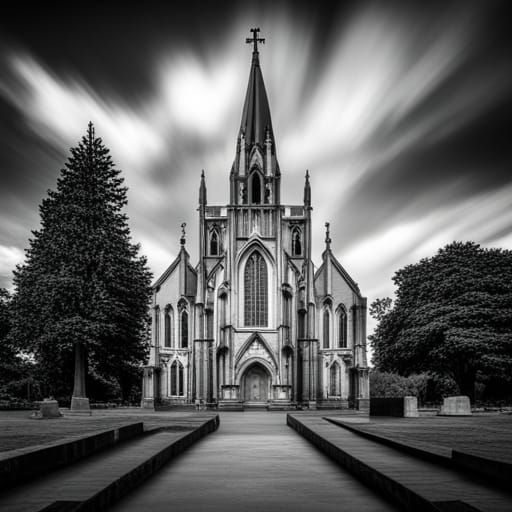 Dramatic Gothic Church Cemetery: Black and White Photo