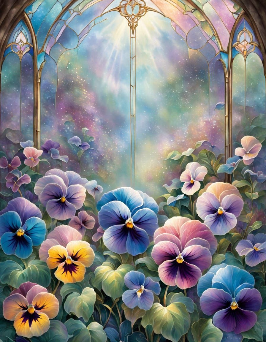 Stained Glass Pansy Window in Ethereal Fantasy Style
