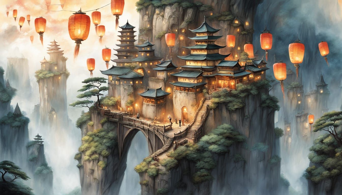 Whimsical Fantasy Pagodas in a Dreamy Landscape