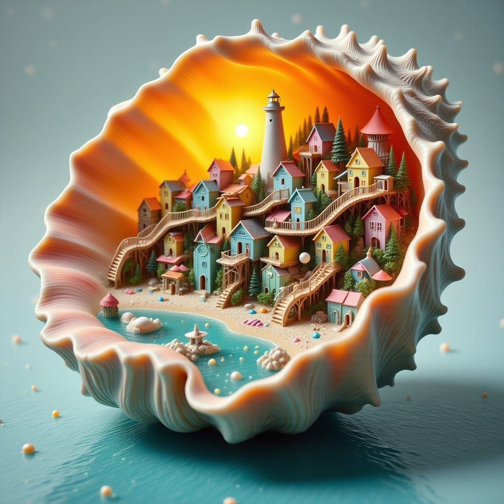 Coastal Town Inside Seashell: Miniature World