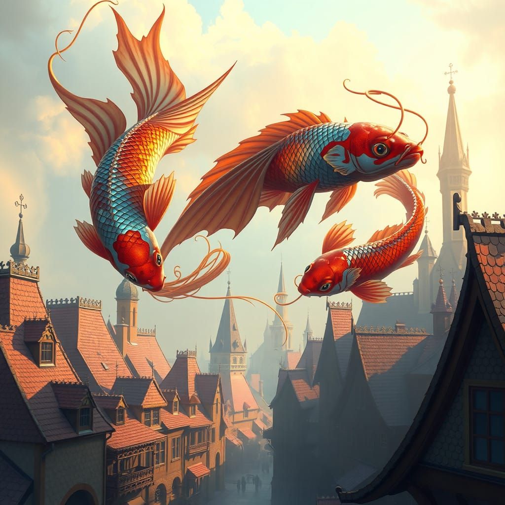 Fantastical Dragons Soar Over Medieval Town in Vibrant Color...