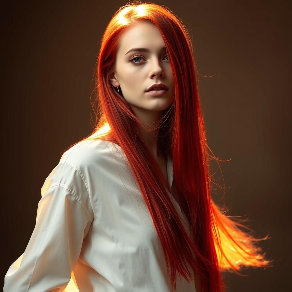 Woman with Flowing Red Hair in Dreamlike Style
