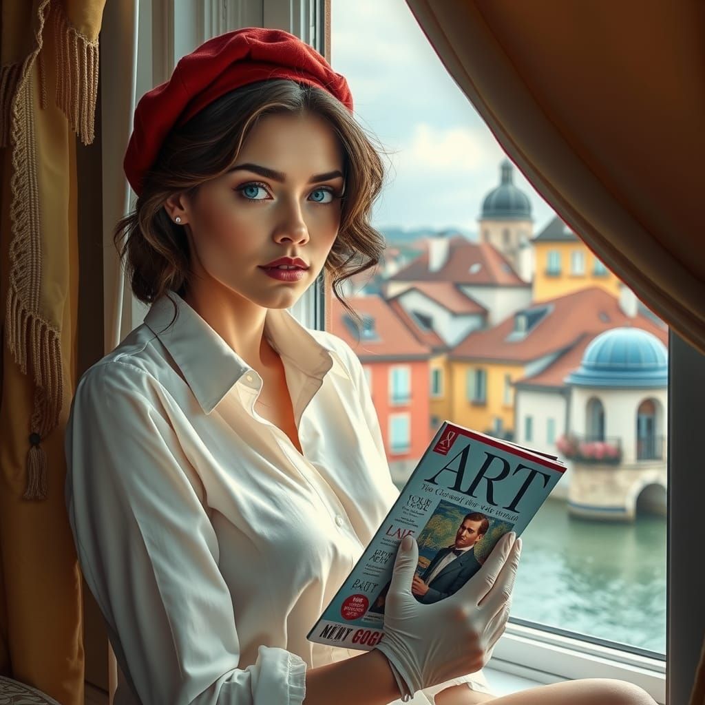 Elegant Woman in Red Beret by Window
