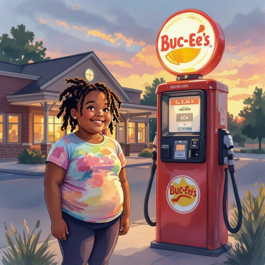 Beaming Girl at Buc-ee's Gas Pump in Watercolor