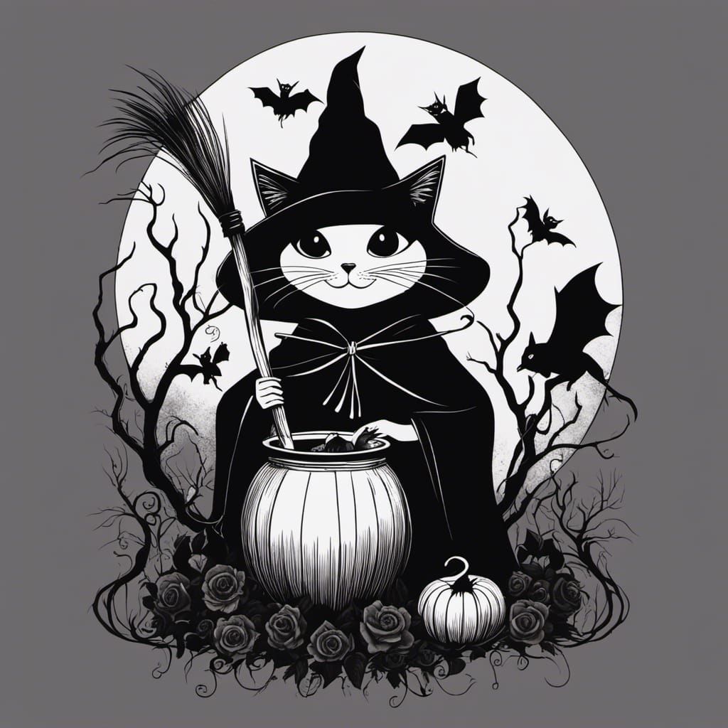 Monochrome Punk Witch with Black Cat Illustration