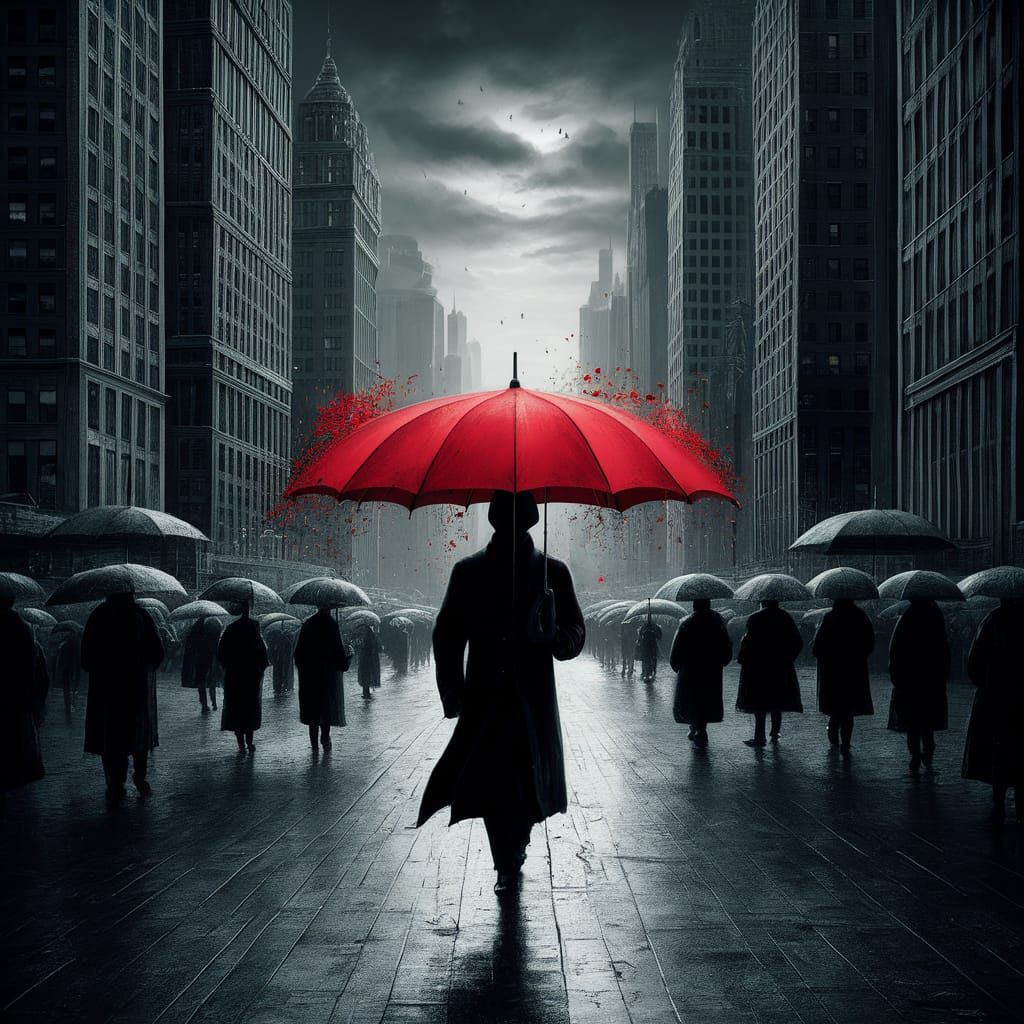 Red Umbrella Stands Out in Grayscale Charcoal Drawing