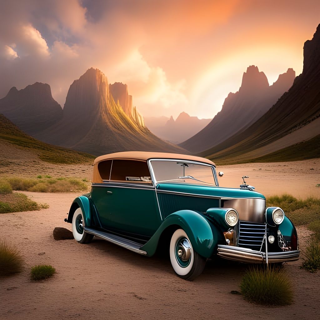 Vintage Car in Fantasy Landscape Photo