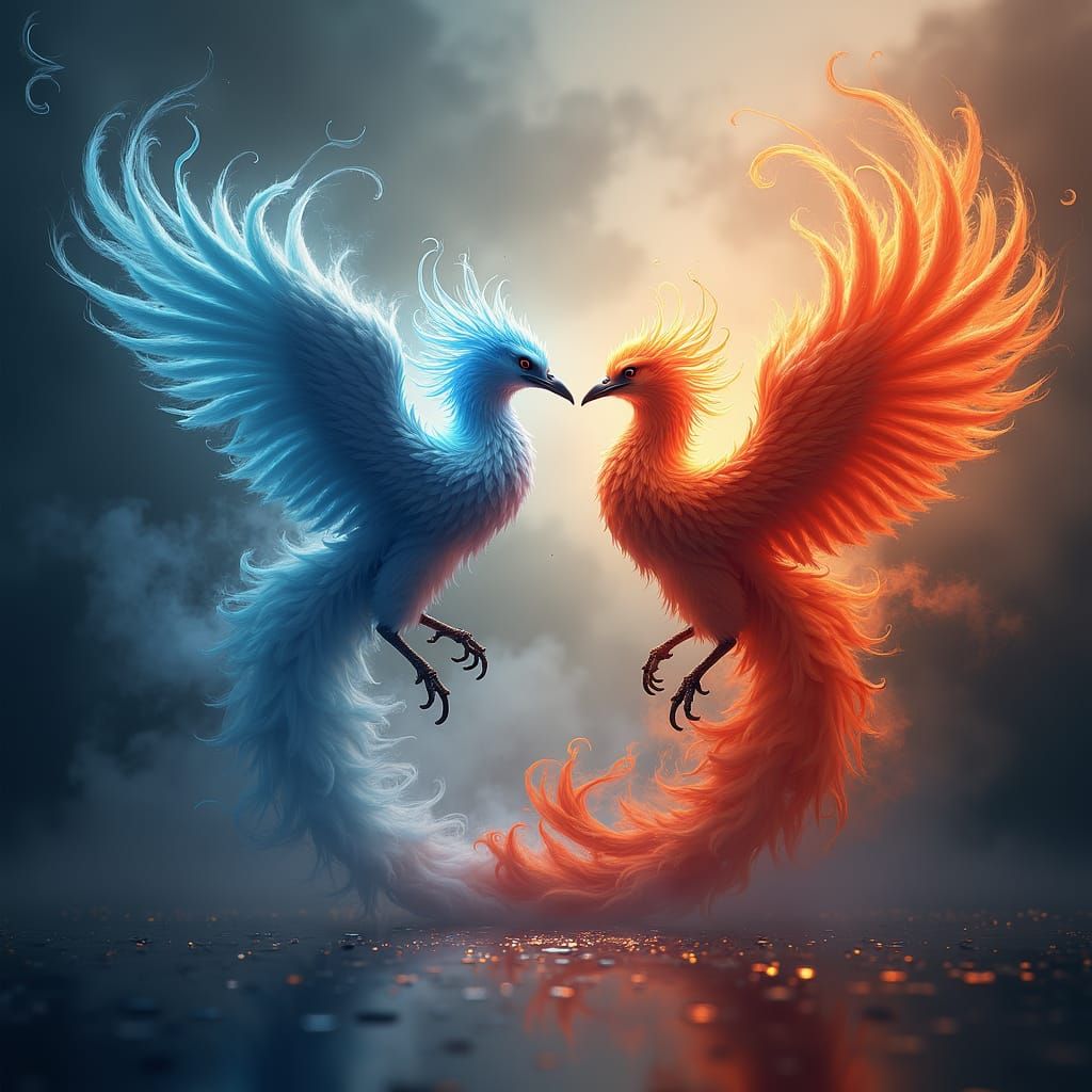 Yin Yang Phoenixes in Mystic Fog, Digital Art