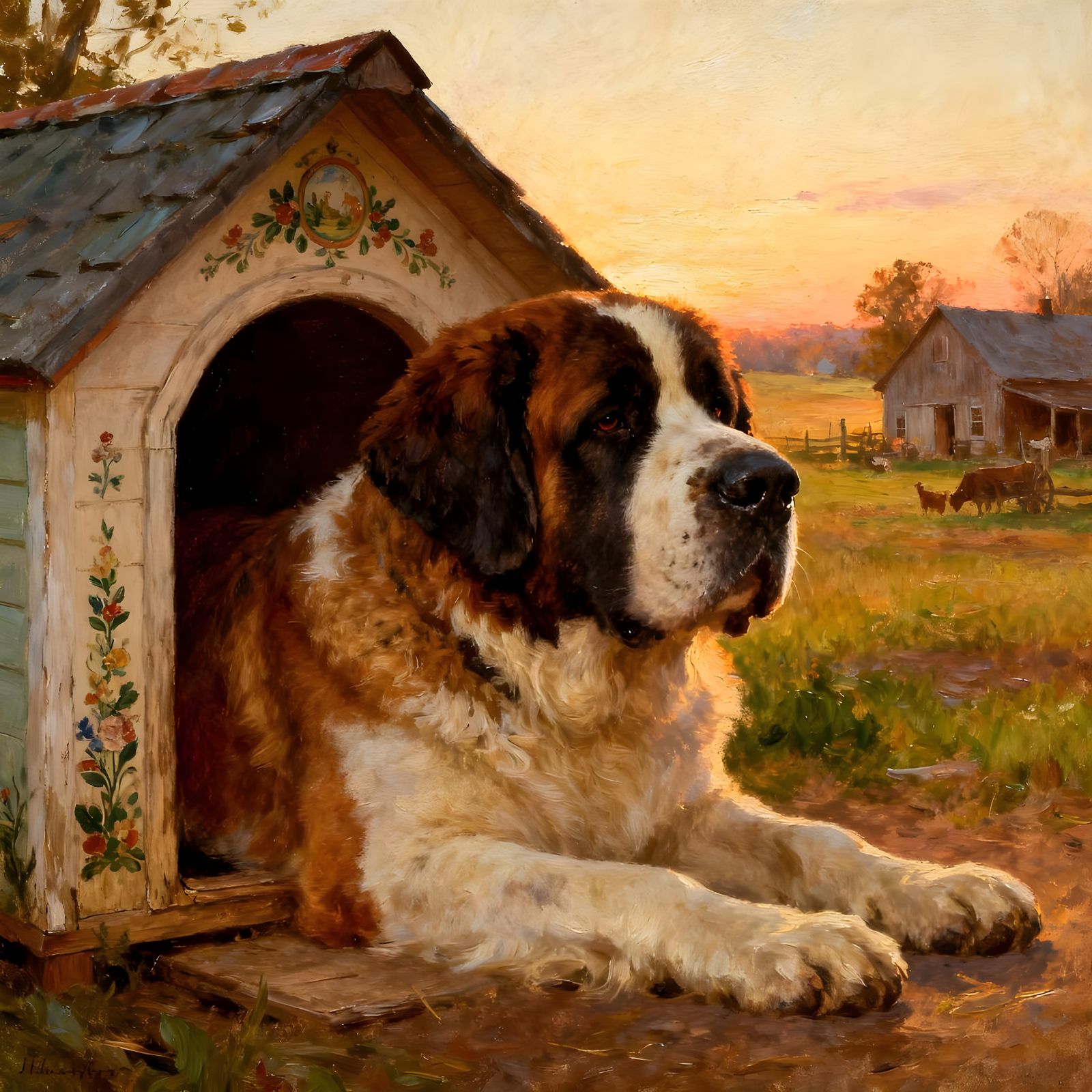 Saint Bernard Greets New Day on Rustic Farmstead