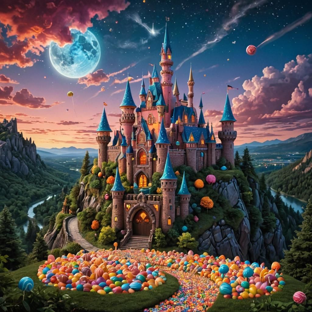 Candy Castle at Dusk in Dreamlike Landscape
