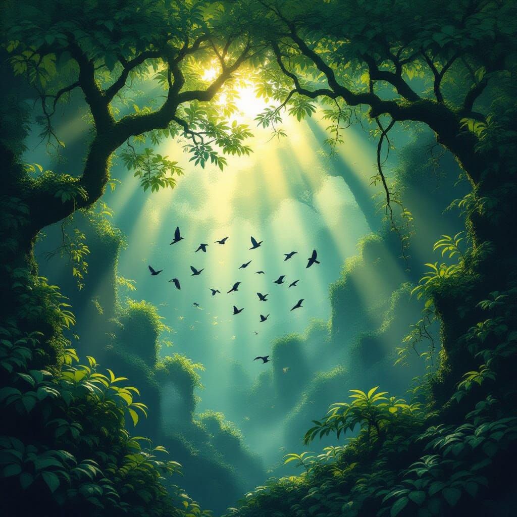 Enchanted Forest Sunlight with Jewel-Toned Birds