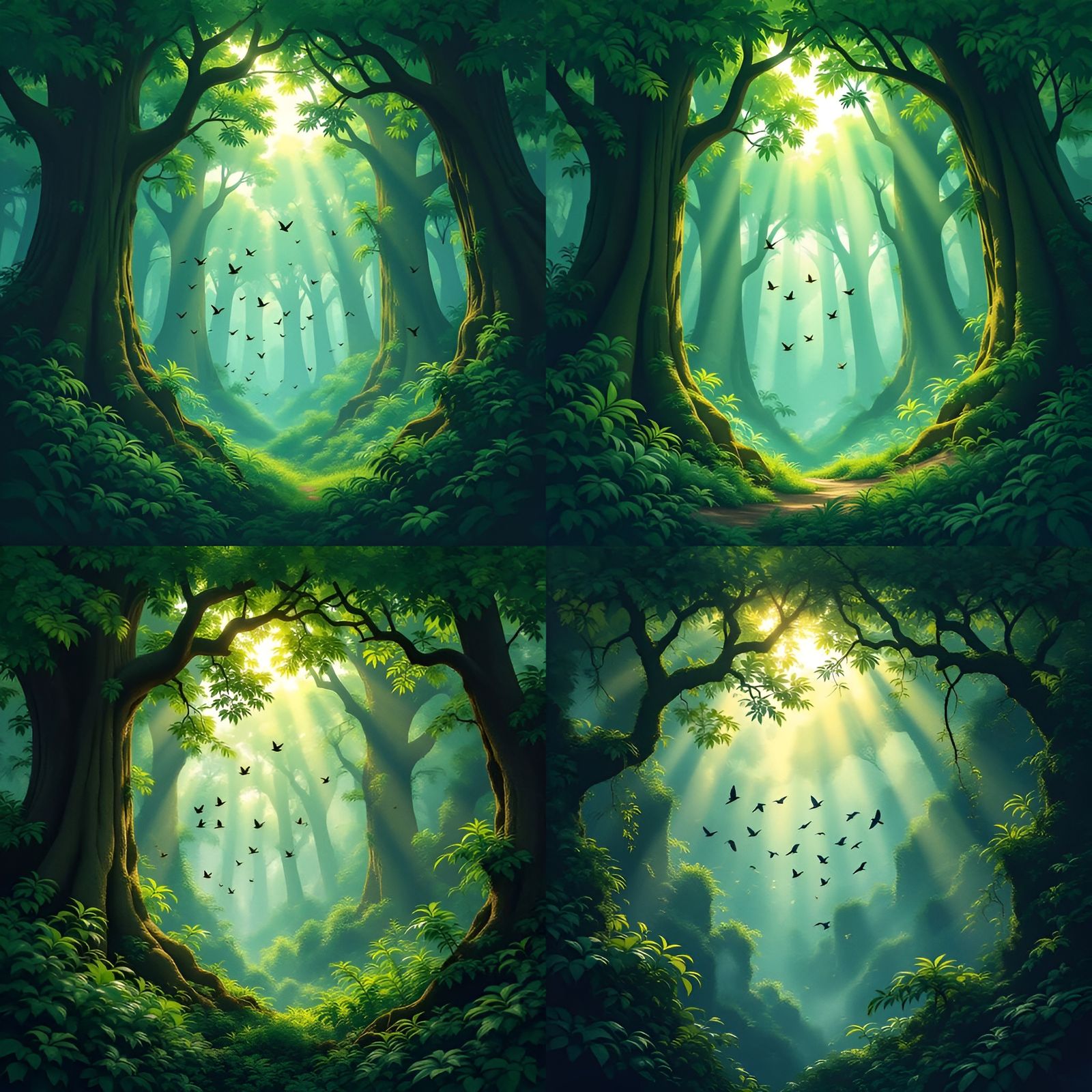 Sunlit Forest Scene with Flying Birds