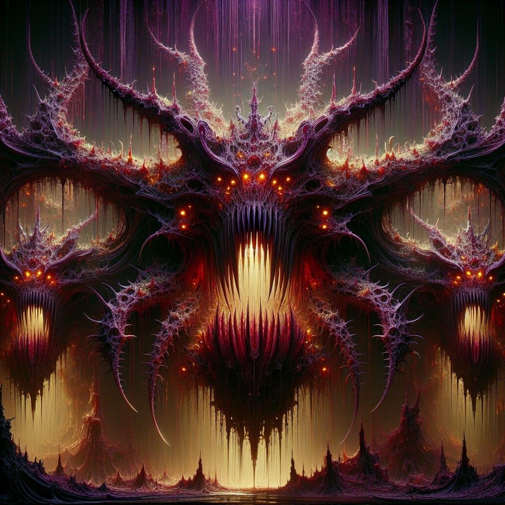 Monumental Dark Fantasy Creature in Deep Red and Black Hues