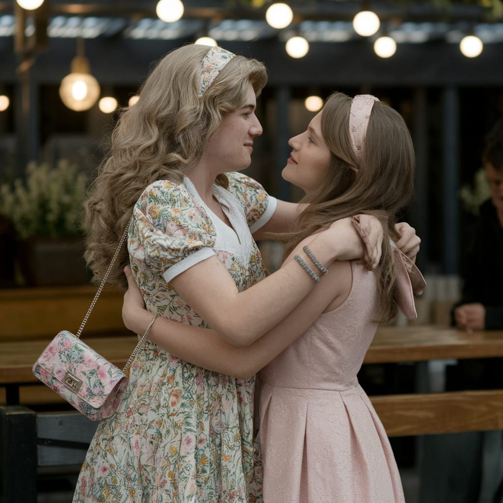 Couple's Passionate Embrace Outdoor Bar Cinematic Film Still