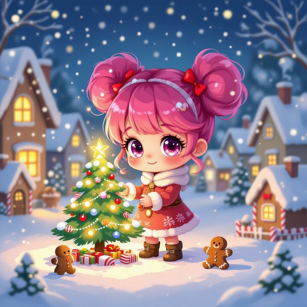 Chibi Girl Tends Glowing Christmas Tree in Whimsical Village