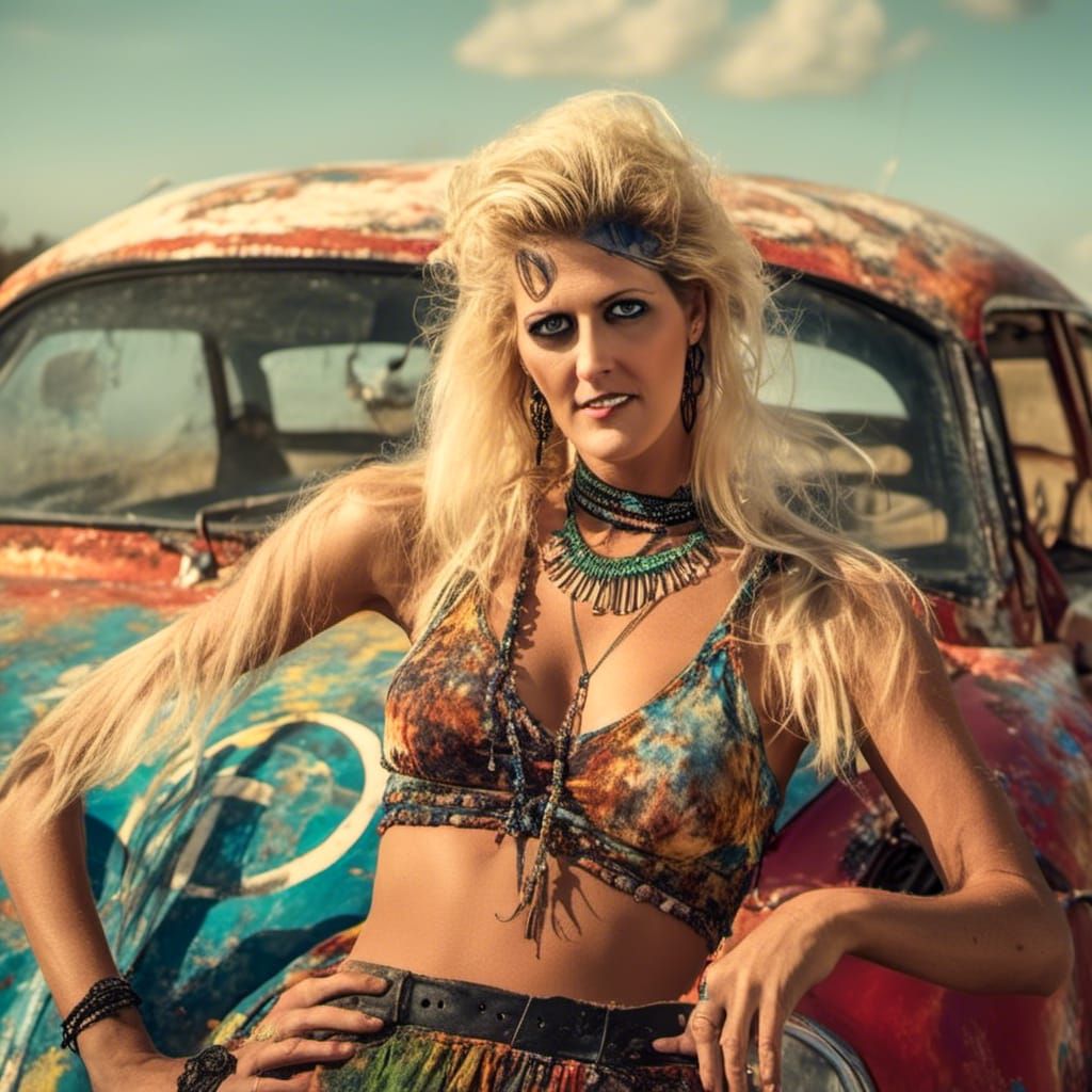 Hippie Woman with VW Bug in Photorealistic Style