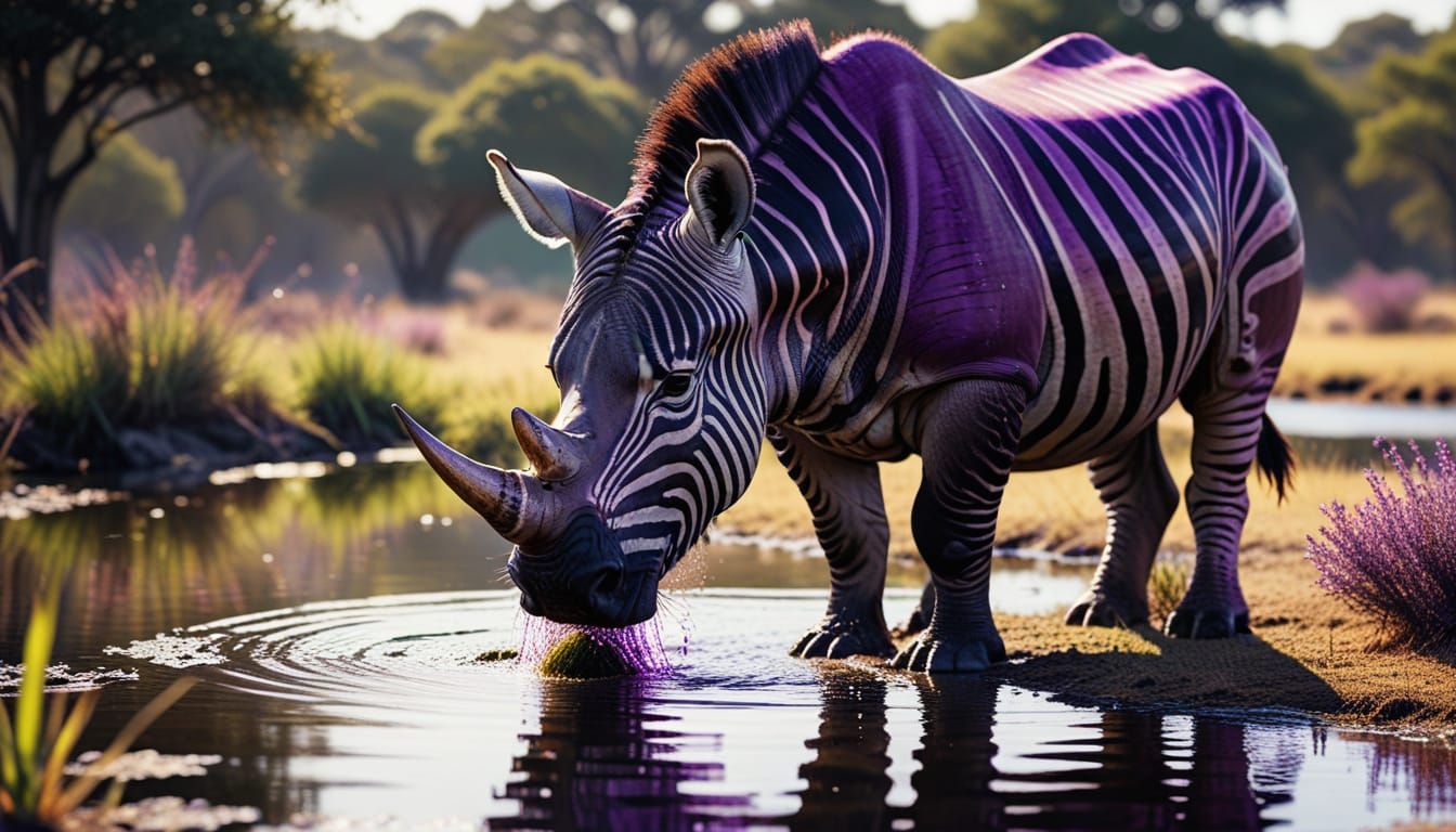 Zebra-Rhino Hybrid Guards Watering Hole in Alcohol Ink