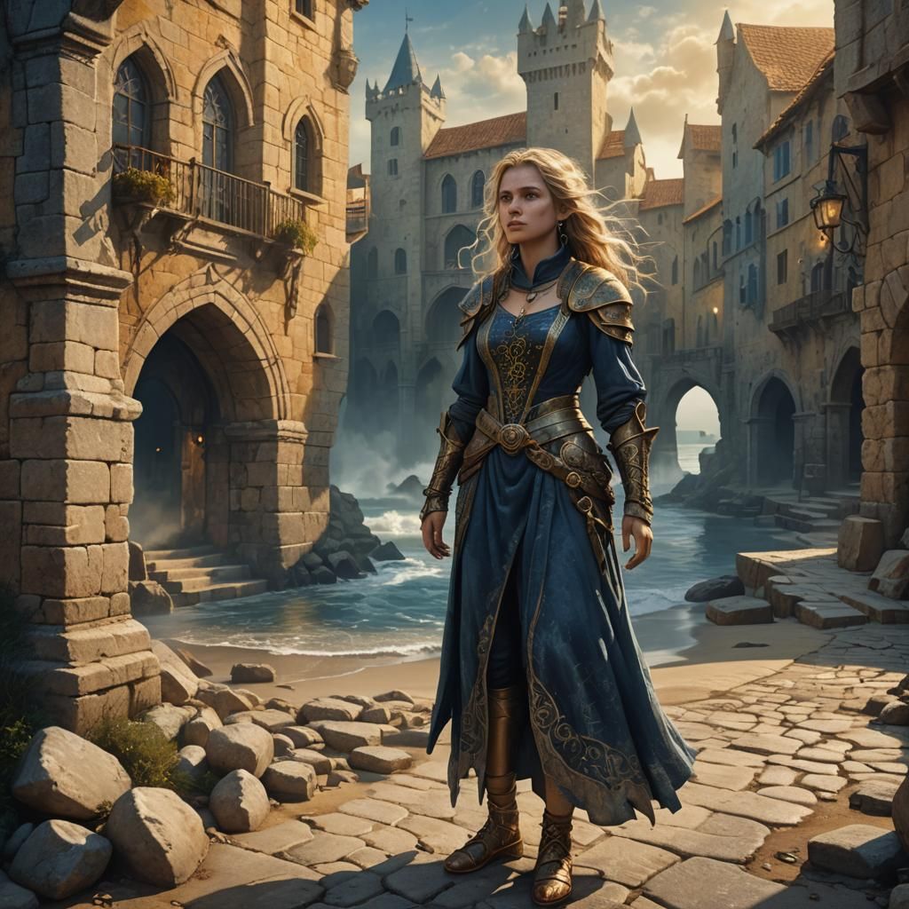 Medieval Woman with Sharp Teeth in Fantasy City