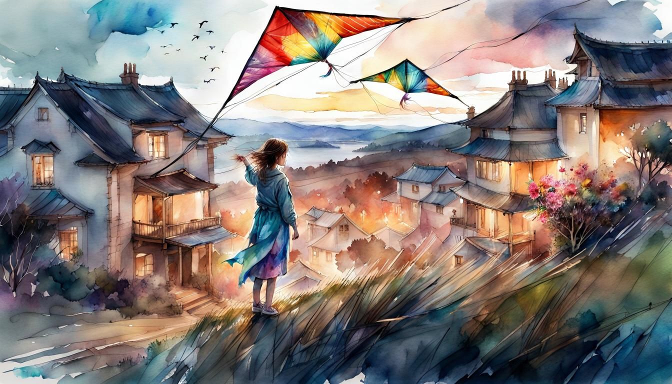 Girl Flying Dragon Kites at Night in Watercolor Style