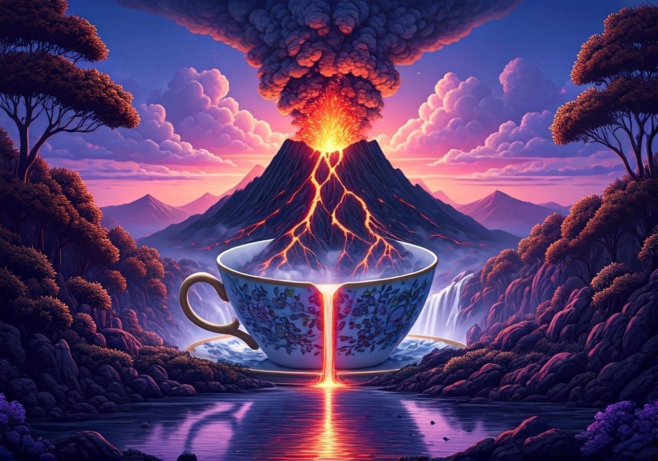 Volcano Teacup Eruption: Fantasy Landscape in Vector Art