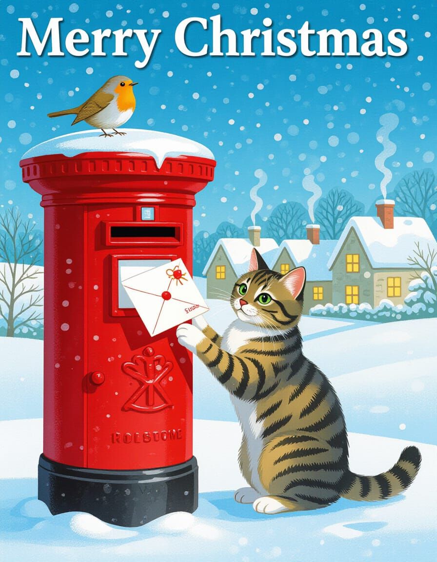 A Christmas card showing a cat posting Christmas cards in a red postbox with a wary looking robin on top, background of ...