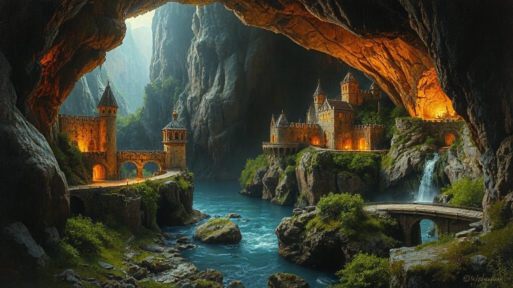 Fantasy Cavern City Landscape in Abstract Realism Style