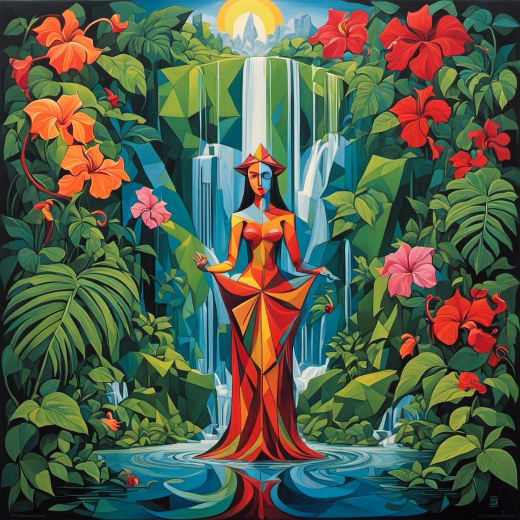 Cubist Mother Nature with Waterfall and Jungle