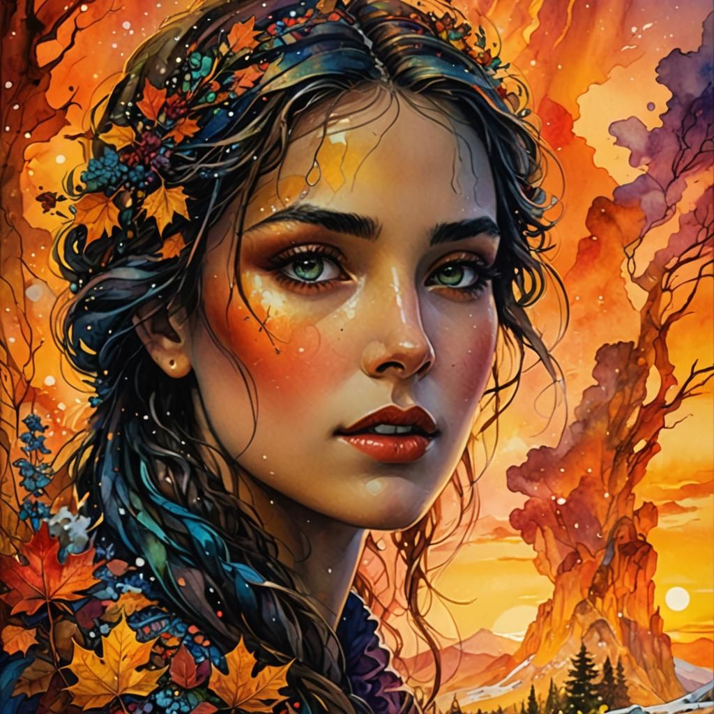 Best quality, Beautiful woman autumn sunset landscape Fantasycore Stylized splashy Watercolor by Waterhouse, Josephine W...