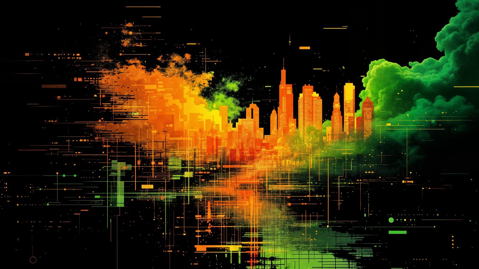 Cyberpunk Cityscape with Glitch Art Distortion