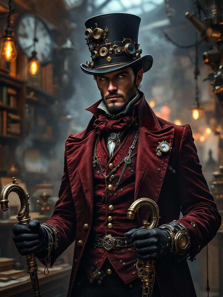 Steampunk Gentleman Unveils Secrets in Crimson Velvet Coat