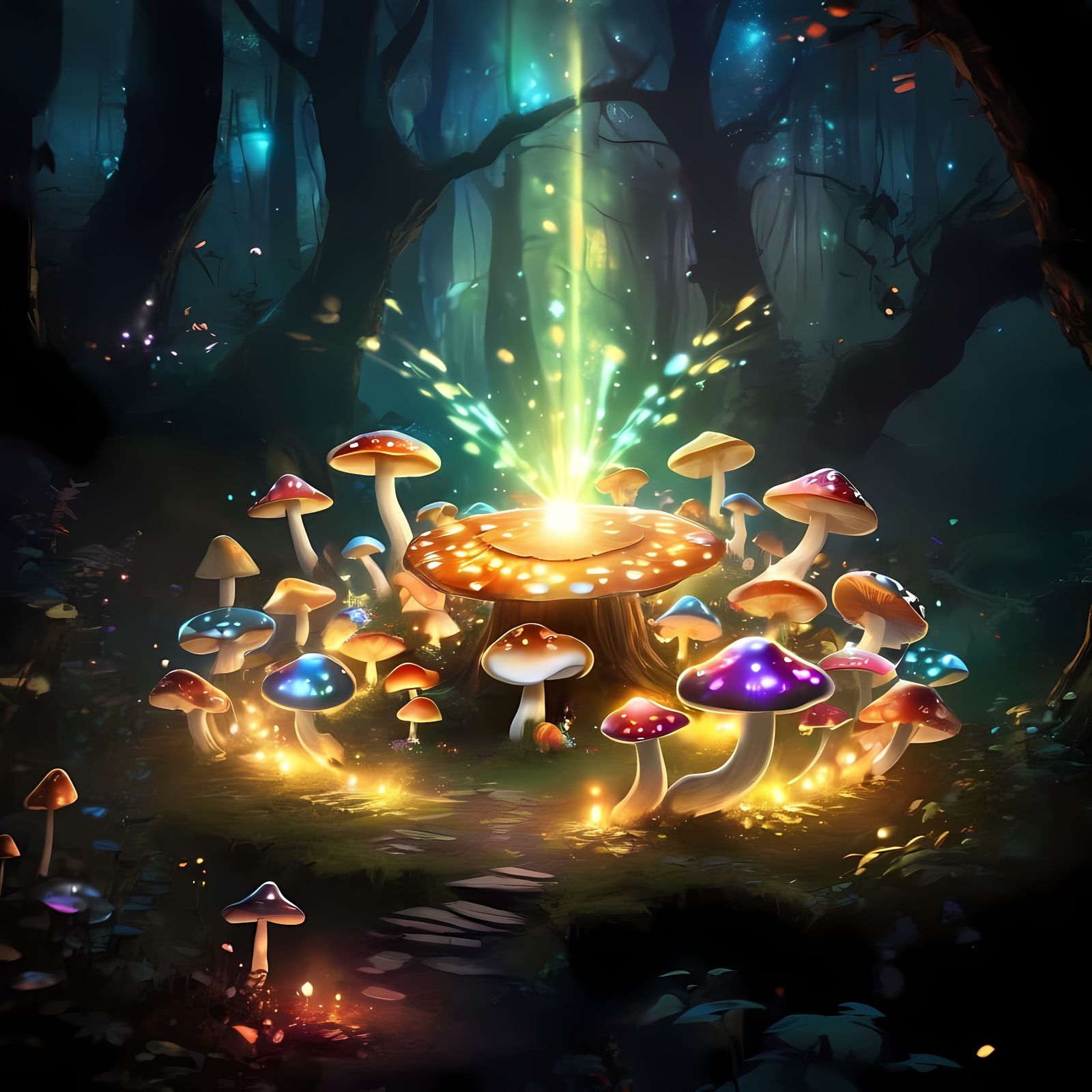 Whimsical Mushroom Circle in Dark Fantasy Forest
