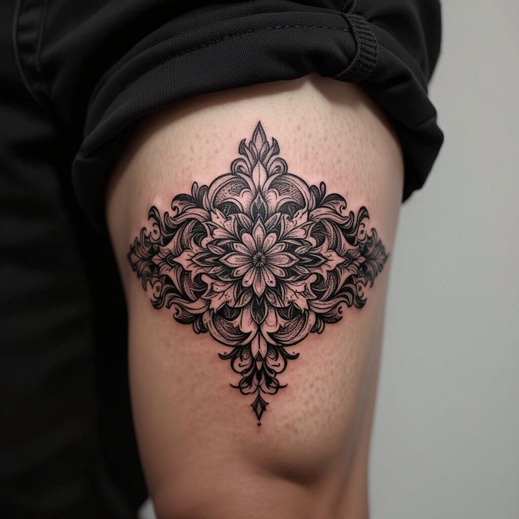 Masculine Black Ink Tattoo Design for Thigh