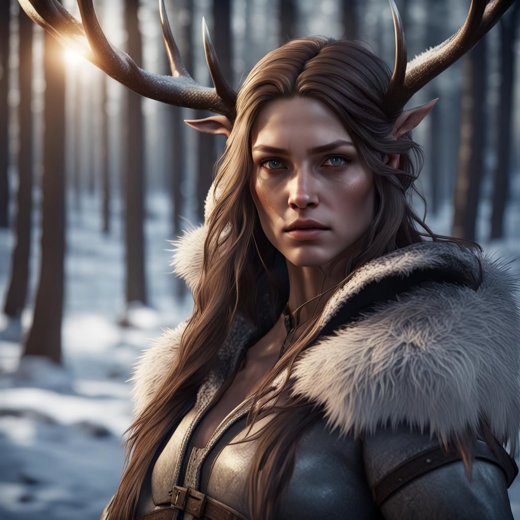Hyperrealistic Huntress in Winter Forest, 3D Game Art