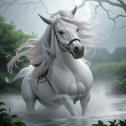 Mystical Woman in Forest Rain Pool, Photorealistic