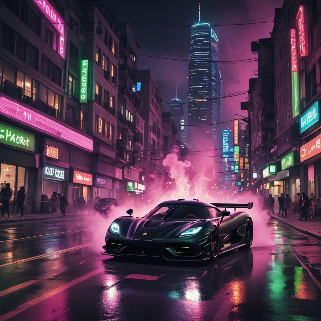 Koenigsegg Jesko Drifting Through Neon Cityscape